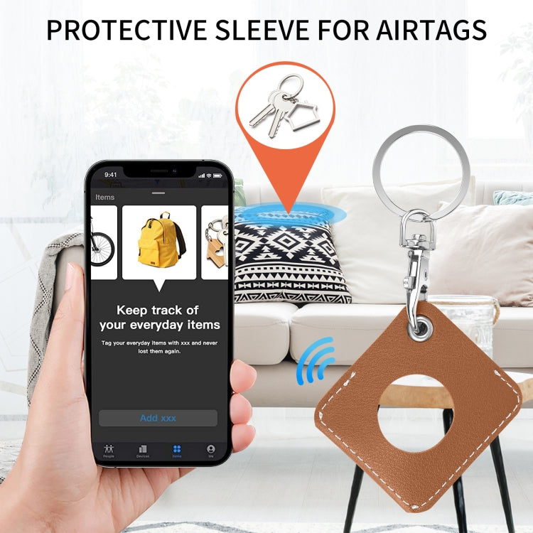 Square PU Leather Case Shockproof Anti-scratch Protective Cover with Keychain Ring Loop For AirTag(Brown) - Key Chain Series by MOMAX | Online Shopping UK | buy2fix