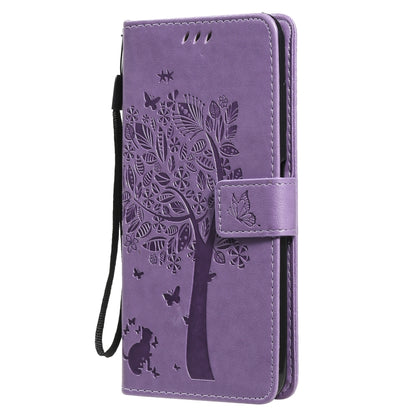 For Nokia G20 Tree & Cat Pattern Pressed Printing Horizontal Flip PU Leather Case with Holder & Card Slots & Wallet & Lanyard(Lavender) - Nokia Cases by buy2fix | Online Shopping UK | buy2fix