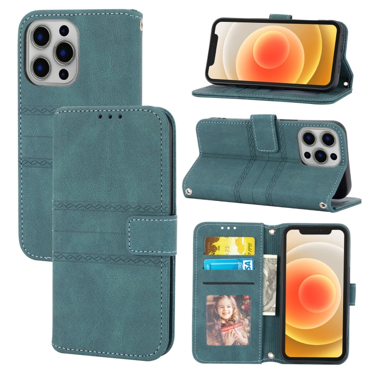 For iPhone 13 Pro Max Embossed Striped Magnetic Buckle PU + TPU Horizontal Flip Leather Case with Holder & Card Slot & Wallet & Photo Frame & Sling (Green) - iPhone 13 Pro Max Cases by buy2fix | Online Shopping UK | buy2fix
