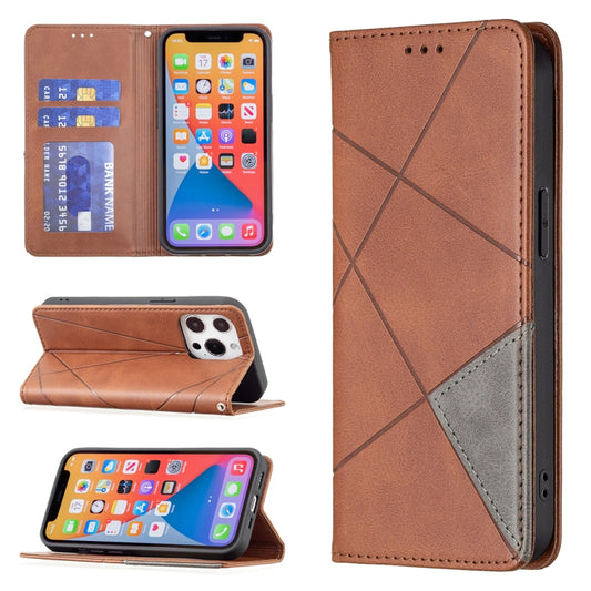 For iPhone 13 Rhombus Texture Horizontal Flip Magnetic Leather Case with Holder & Card Slots(Brown) - iPhone 13 Cases by buy2fix | Online Shopping UK | buy2fix