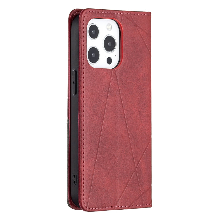 For iPhone 13 Pro Max Rhombus Texture Horizontal Flip Magnetic Leather Case with Holder & Card Slots (Red) - iPhone 13 Pro Max Cases by buy2fix | Online Shopping UK | buy2fix