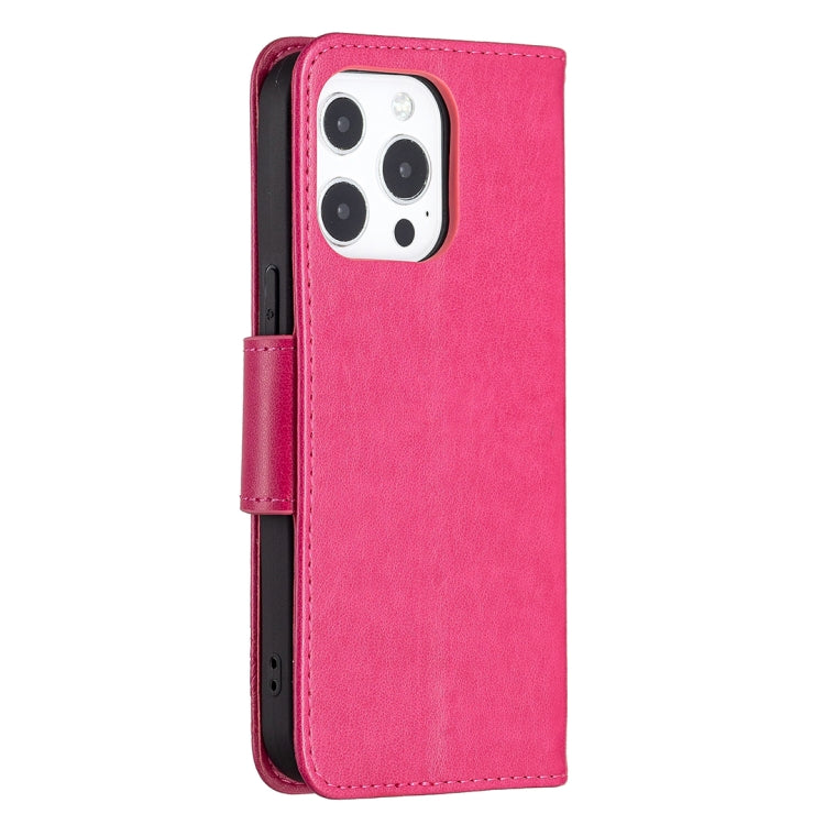 For iPhone 13 Pro Embossing Two Butterflies Pattern Horizontal Flip PU Leather Case with Holder & Card Slot & Wallet & Lanyard (Rose Red) - iPhone 13 Pro Cases by buy2fix | Online Shopping UK | buy2fix