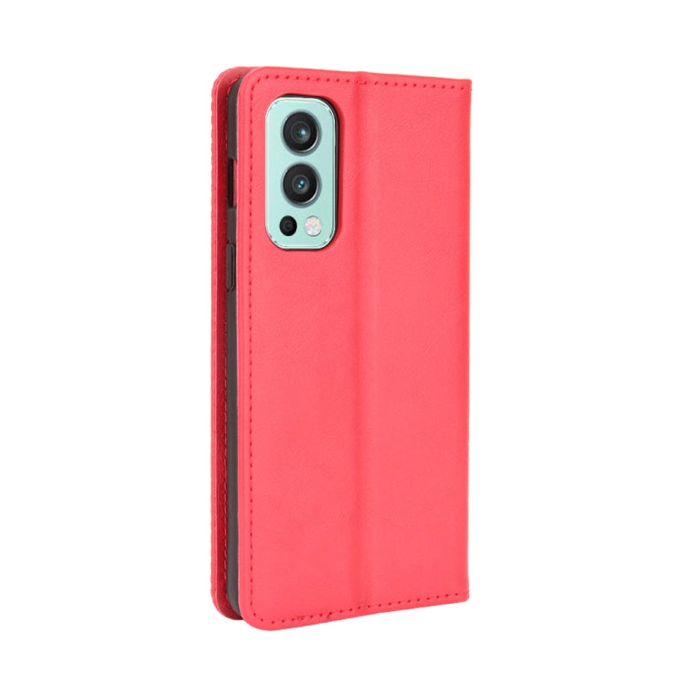 For OnePlus Nord 2 5G Magnetic Buckle Retro Crazy Horse Texture Horizontal Flip Leather Case with Holder & Card Slots & Photo Frame(Red) - OnePlus Cases by buy2fix | Online Shopping UK | buy2fix