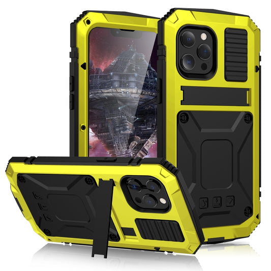 For iPhone 13 Pro Max R-JUST Shockproof Waterproof Dust-proof Metal + Silicone Protective Case with Holder (Yellow) - iPhone 13 Pro Max Cases by R-JUST | Online Shopping UK | buy2fix