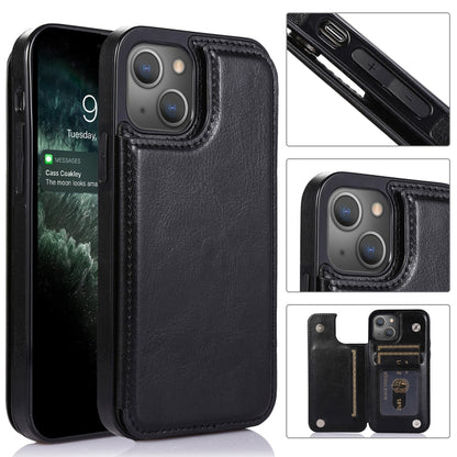 For iPhone 13 Double Buckle Shockproof PU Protective Case with Card Slots & Holder(Black) - iPhone 13 Cases by buy2fix | Online Shopping UK | buy2fix