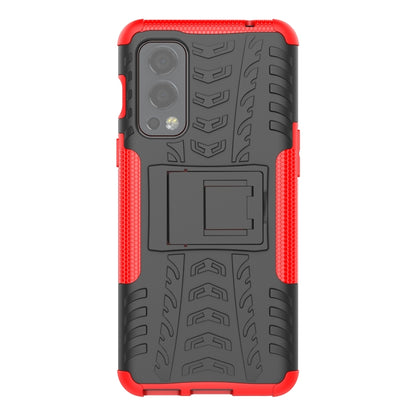 For OnePlus Nord 2 5G Tire Texture Shockproof TPU+PC Protective Case with Holder(Red) - OnePlus Cases by buy2fix | Online Shopping UK | buy2fix