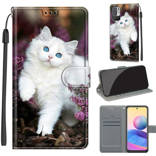 Voltage Coloured Drawing Magnetic Clasp Horizontal Flip PU Leather Case with Holder & Card Slots For Xiaomi Redmi Note 10 5G(C08 Flower Bush Big White Cat) - Xiaomi Cases by buy2fix | Online Shopping UK | buy2fix