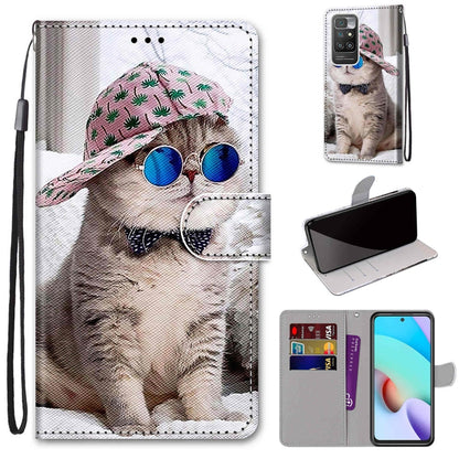 For Xiaomi Redmi 10 Coloured Drawing Cross Texture Horizontal Flip PU Leather Case with Holder & Card Slots & Wallet & Lanyard(Slant Hat Blue Mirror Cat) - Xiaomi Cases by buy2fix | Online Shopping UK | buy2fix