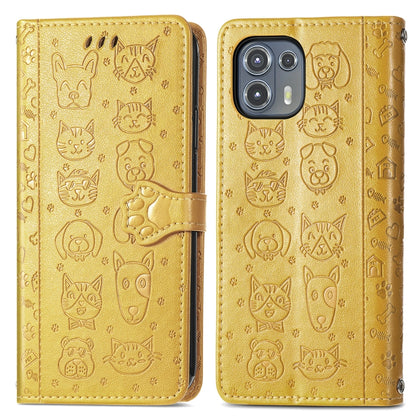For Motorola Moto Edge 20 Lite Lovely Cat and Dog Embossing Pattern Horizontal Flip Leather Case , with Holder & Card Slots & Wallet & Cartoon Clasp & Lanyard(Yellow) - Motorola Cases by buy2fix | Online Shopping UK | buy2fix
