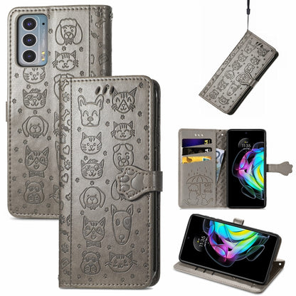 For Motorola Moto Edge 20 Lovely Cat and Dog Embossing Pattern Horizontal Flip Leather Case , with Holder & Card Slots & Wallet & Cartoon Clasp & Lanyard(Grey) - Motorola Cases by buy2fix | Online Shopping UK | buy2fix