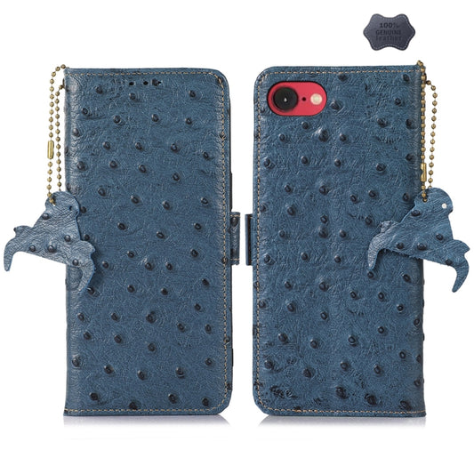 For iPhone SE 2024 Ostrich Pattern Genuine Leather RFID Phone Case(Blue) - More iPhone Cases by buy2fix | Online Shopping UK | buy2fix