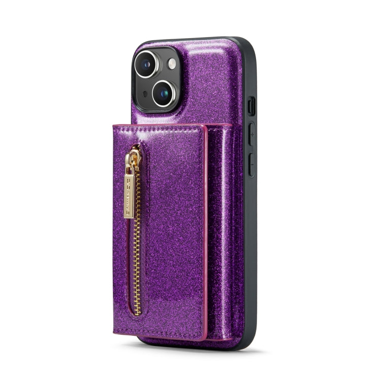 For iPhone 14 DG.MING M3 Series Glitter Powder Card Bag Leather Case(Dark Purple) - iPhone 14 Cases by DG.MING | Online Shopping UK | buy2fix