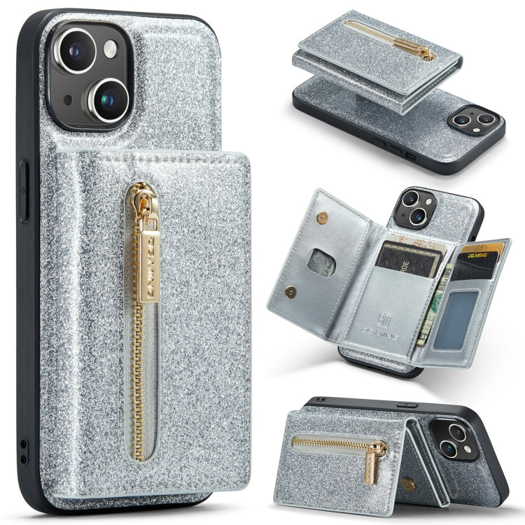 For iPhone 14 Plus DG.MING M3 Series Glitter Powder Card Bag Leather Case(Silver) - iPhone 14 Plus Cases by DG.MING | Online Shopping UK | buy2fix