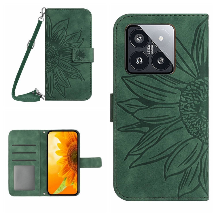 For Xiaomi 14 Skin Feel Sun Flower Embossed Flip Leather Phone Case with Lanyard(Green) - 14 Cases by buy2fix | Online Shopping UK | buy2fix