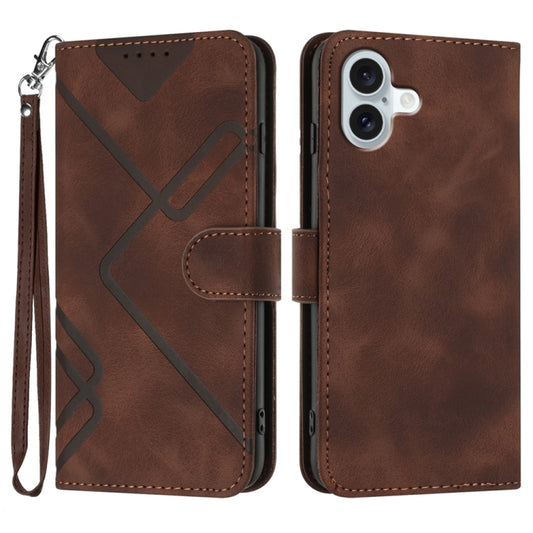 For iPhone 16 Plus Line Pattern Skin Feel Leather Phone Case(Coffee) - iPhone 16 Plus Cases by buy2fix | Online Shopping UK | buy2fix