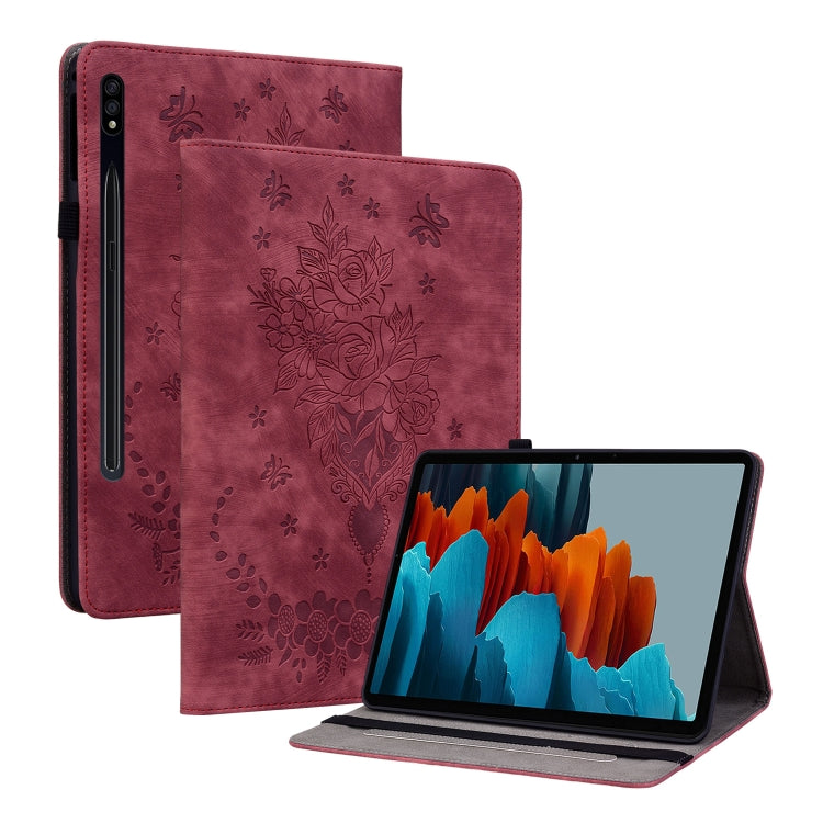 For Samsung Galaxy Tab S9+ Butterfly Rose Embossed Leather Tablet Case(Red) - Galaxy Tab S9+ Cases by buy2fix | Online Shopping UK | buy2fix