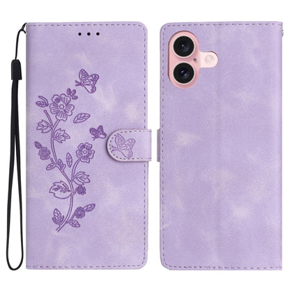 For iPhone 16 Flower Butterfly Embossing Pattern Leather Phone Case(Purple) - iPhone 16 Cases by buy2fix | Online Shopping UK | buy2fix