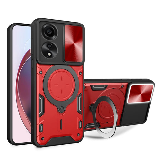 For OPPO A78 4G CD Texture Sliding Camshield Magnetic Holder Phone Case(Red) - OPPO Cases by buy2fix | Online Shopping UK | buy2fix