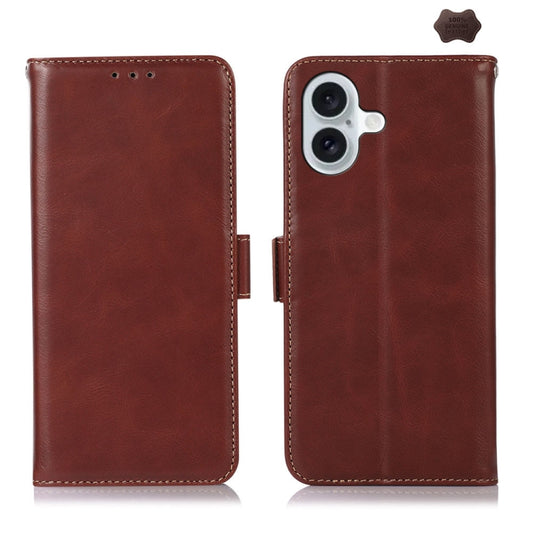 For iPhone 16 Crazy Horse Top Layer Cowhide Leather Phone Case(Brown) - iPhone 16 Cases by buy2fix | Online Shopping UK | buy2fix