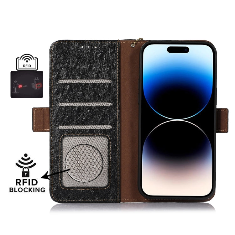 For OnePlus 12 Ostrich Pattern Genuine Leather RFID Phone Case(Black) - OnePlus Cases by buy2fix | Online Shopping UK | buy2fix