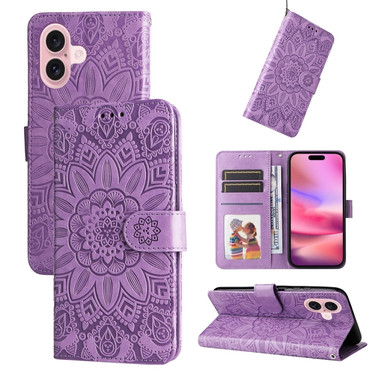 For iPhone 16 Embossed Sunflower Leather Phone Case(Purple) - iPhone 16 Cases by buy2fix | Online Shopping UK | buy2fix