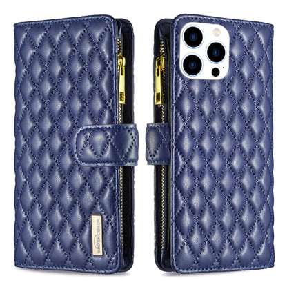 For iPhone 16 Pro Max Diamond Lattice Zipper Wallet Leather Flip Phone Case(Blue) - iPhone 16 Pro Max Cases by buy2fix | Online Shopping UK | buy2fix