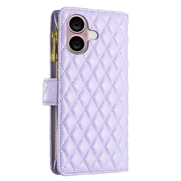 For iPhone 16 Plus Diamond Lattice Zipper Wallet Leather Flip Phone Case(Purple) - iPhone 16 Plus Cases by buy2fix | Online Shopping UK | buy2fix