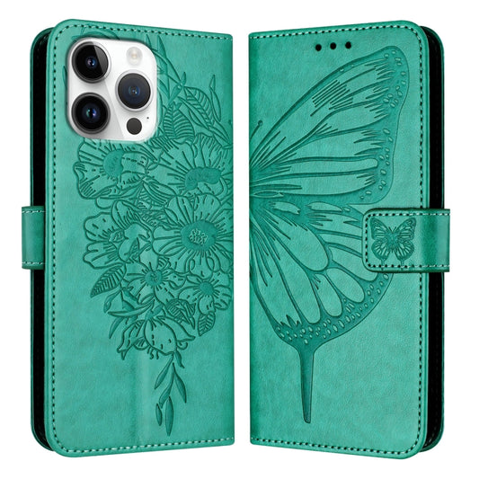 For iPhone 16 Pro Max Embossed Butterfly Leather Phone Case(Green) - iPhone 16 Pro Max Cases by buy2fix | Online Shopping UK | buy2fix