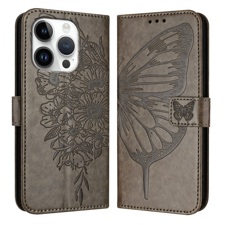 For iPhone 16 Pro Embossed Butterfly Leather Phone Case(Grey) - iPhone 16 Pro Cases by buy2fix | Online Shopping UK | buy2fix