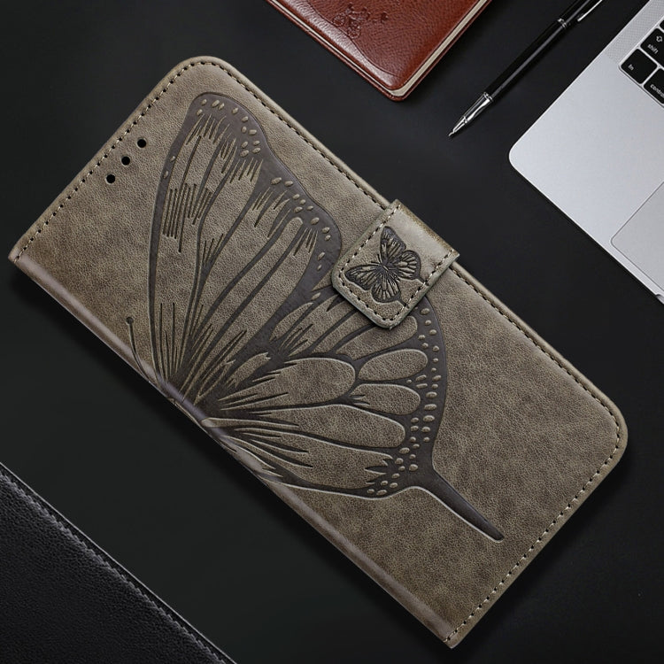 For iPhone 16 Pro Embossed Butterfly Leather Phone Case(Grey) - iPhone 16 Pro Cases by buy2fix | Online Shopping UK | buy2fix