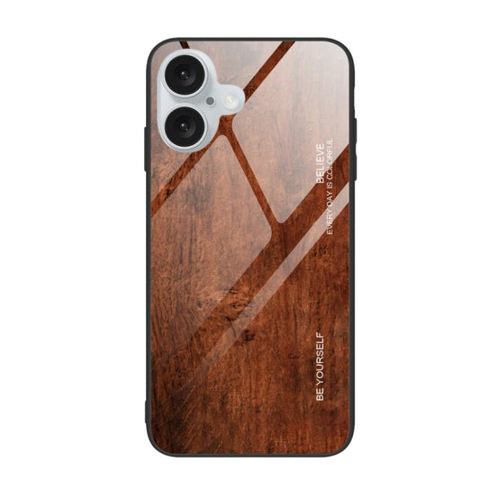 For iPhone 16 Plus Wood Grain Glass Phone Case(Dark Brown) - iPhone 16 Plus Cases by buy2fix | Online Shopping UK | buy2fix