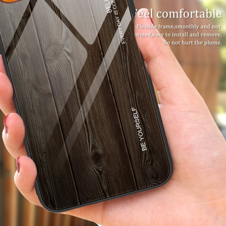 For iPhone 16 Wood Grain Glass Phone Case(Dark Brown) - iPhone 16 Cases by buy2fix | Online Shopping UK | buy2fix