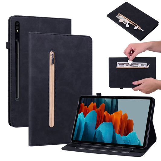 For Samsung Galaxy Tab S9 Skin Feel Solid Color Zipper Leather Tablet Case(Black) - Galaxy Tab S9 Cases by buy2fix | Online Shopping UK | buy2fix