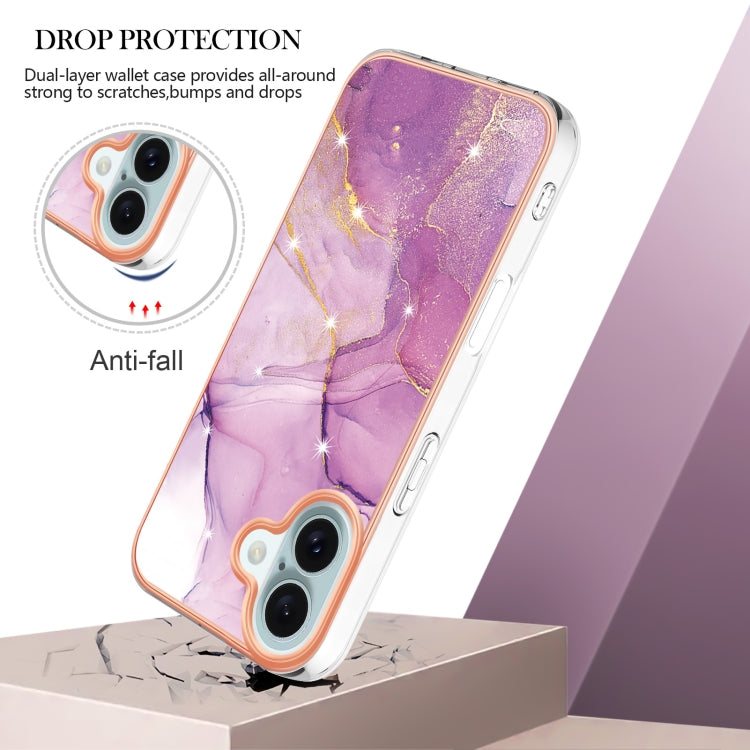 For iPhone 16 Electroplating Marble Pattern Dual-side IMD TPU Shockproof Phone Case (Purple 001) - iPhone 16 Cases by buy2fix | Online Shopping UK | buy2fix