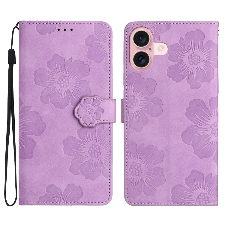 For iPhone 16 Flower Embossing Pattern Leather Phone Case(Purple) - iPhone 16 Cases by buy2fix | Online Shopping UK | buy2fix