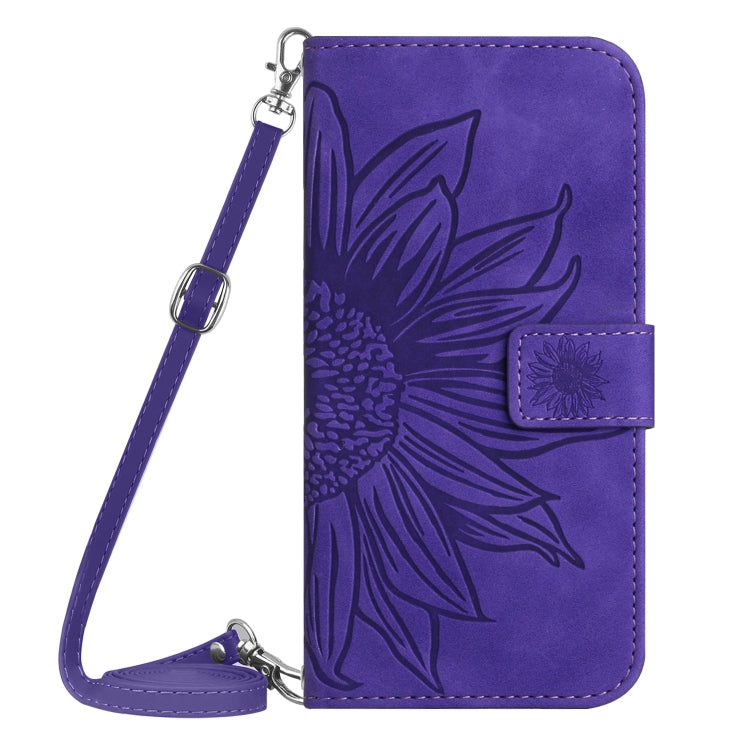 For Motorola Moto G Play 4G 2024 HT04 Skin Feel Sun Flower Embossed Flip Leather Phone Case with Lanyard(Dark Purple) - Motorola Cases by buy2fix | Online Shopping UK | buy2fix