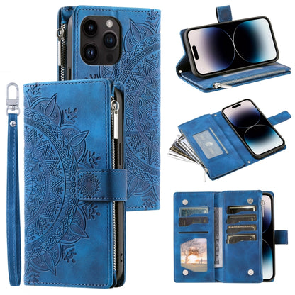 For iPhone 16 Pro Max Multi-Card Totem Zipper Leather Phone Case(Blue) - iPhone 16 Pro Max Cases by buy2fix | Online Shopping UK | buy2fix