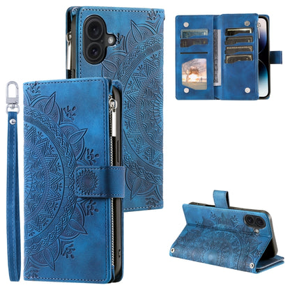 For iPhone 16 Multi-Card Totem Zipper Leather Phone Case(Blue) - iPhone 16 Cases by buy2fix | Online Shopping UK | buy2fix