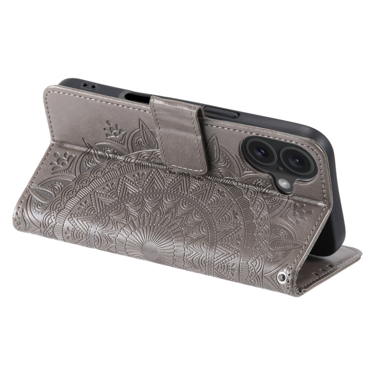 For iPhone 16 Totem Flower Embossed Leather Phone Case(Grey) - iPhone 16 Cases by buy2fix | Online Shopping UK | buy2fix