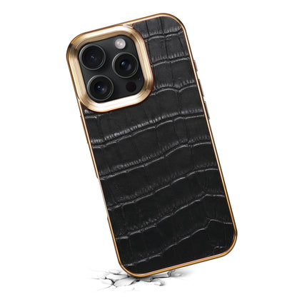 For iPhone 16 Pro Max Denior Crocodile Texture Genuine Leather Electroplating Phone Case(Black) - More iPhone Cases by Denior | Online Shopping UK | buy2fix