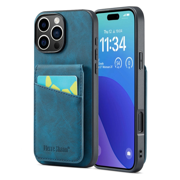 For iPhone 16 Pro Max Fierre Shann Crazy Horse Card Holder Back Cover PU Phone Case(Blue) - iPhone 16 Pro Max Cases by FIERRE SHANN | Online Shopping UK | buy2fix