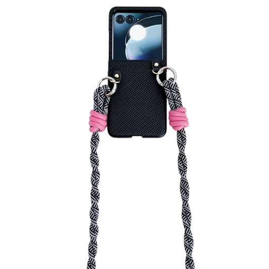 For Motorola Razr 50 Woven Texture Phone Case With Lanyard(Black) - Motorola Cases by buy2fix | Online Shopping UK | buy2fix