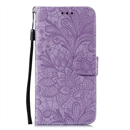 For iPhone 16 Plus Lace Flower Embossing Flip Leather Phone Case(Purple) - iPhone 16 Plus Cases by buy2fix | Online Shopping UK | buy2fix