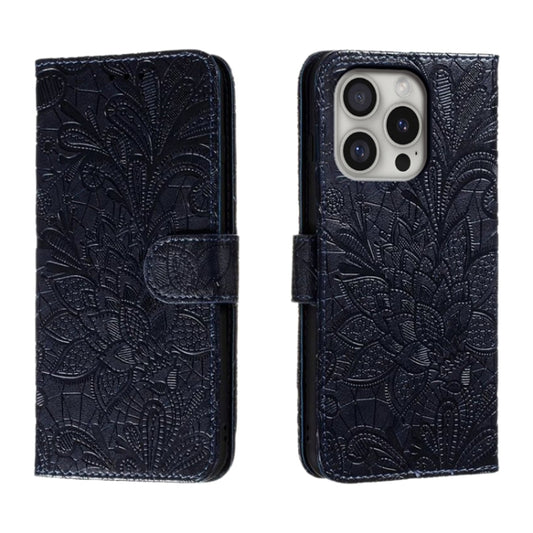 For iPhone 16 Pro Lace Flower Embossing Flip Leather Phone Case(Dark Blue) - iPhone 16 Pro Cases by buy2fix | Online Shopping UK | buy2fix