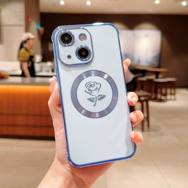 For iPhone 13 Electroplate Side Roses Flower MagSafe Phone Case(Blue) - iPhone 13 Cases by buy2fix | Online Shopping UK | buy2fix