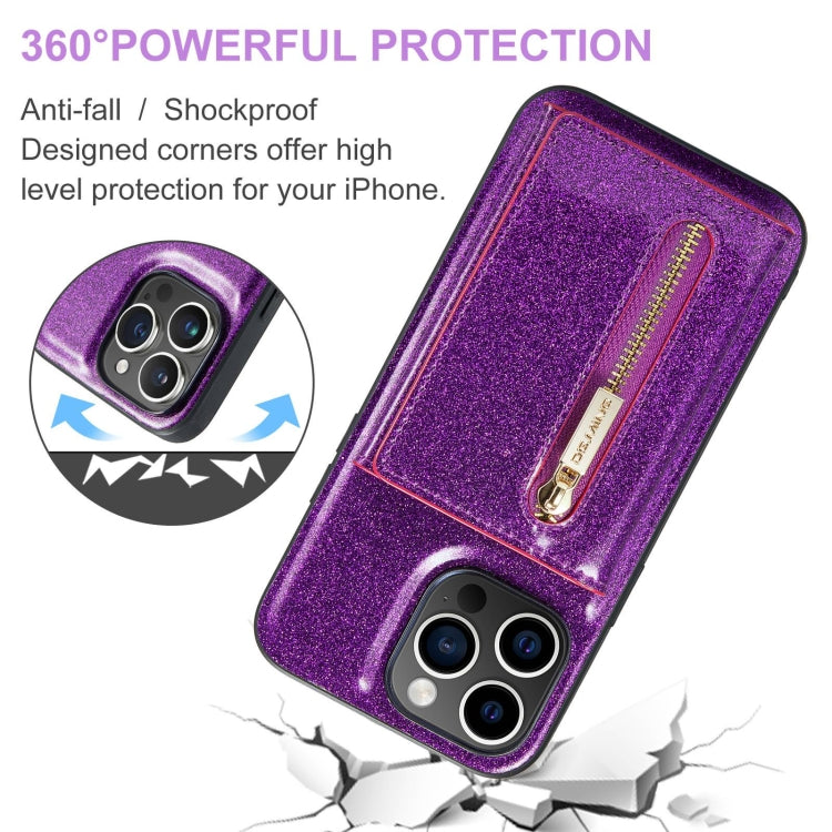 For iPhone 15 Pro DG.MING M3 Series Glitter Powder Card Bag Leather Phone Case(Dark Purple) - iPhone 15 Pro Cases by DG.MING | Online Shopping UK | buy2fix