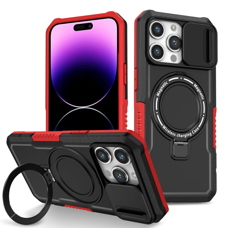 For iPhone 14 Pro Max Sliding Camshield Magsafe Holder TPU Hybrid PC Phone Case(Black Red) - iPhone 14 Pro Max Cases by buy2fix | Online Shopping UK | buy2fix