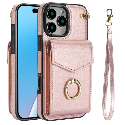 For iPhone 16 Pro Max Ring Holder RFID Card Slot Phone Case(Rose Gold) - iPhone 16 Pro Max Cases by buy2fix | Online Shopping UK | buy2fix