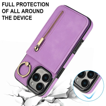 For iPhone 16 Pro Max Retro Ring and Zipper RFID Card Slot Phone Case(Purple) - iPhone 16 Pro Max Cases by buy2fix | Online Shopping UK | buy2fix