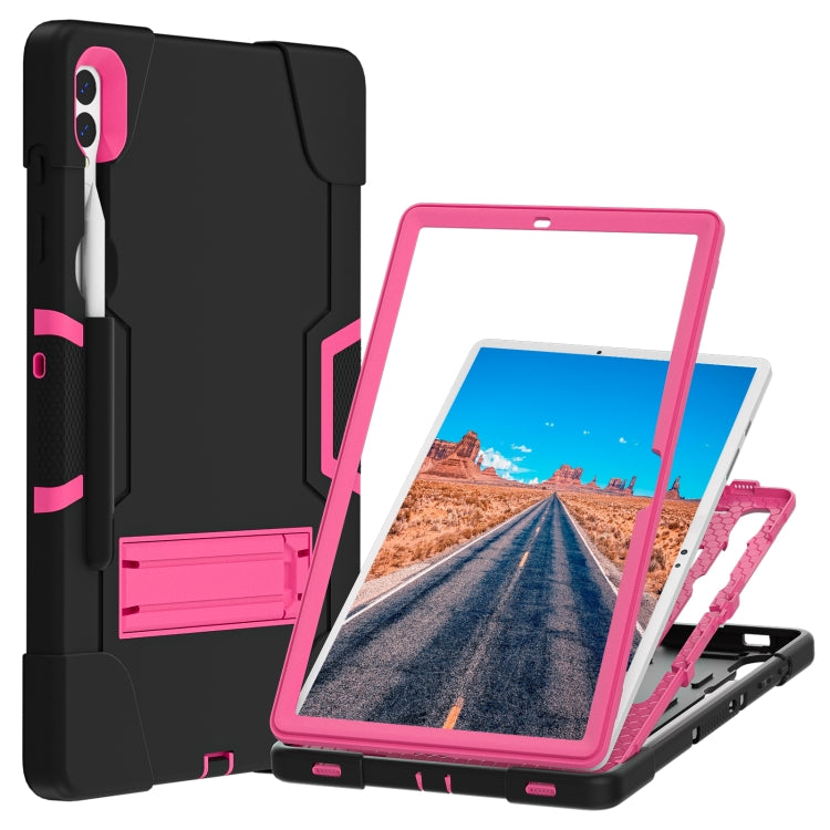 For Samsung Galaxy Tab S9+ Contrast Color Silicone PC Tablet Case with Holder(Black + Rose Red) - Galaxy Tab S9+ Cases by buy2fix | Online Shopping UK | buy2fix